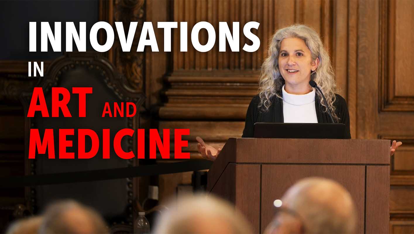 Photograph of Monica Zimmerman speaking at a podium, with text that reads "Innovations in Art and Medicine"