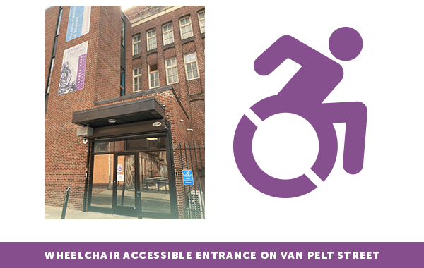 A purple wheelchair symbol next to a photo of the accessible entrance of the museum