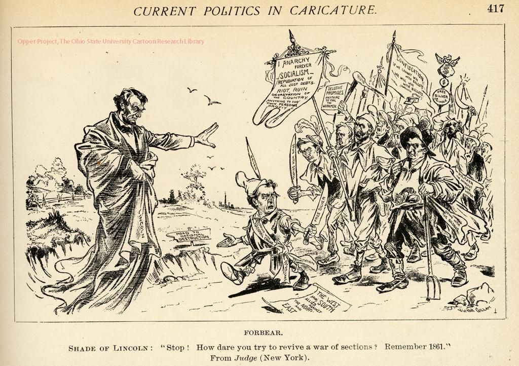 1896 Political cartoon against William Jennings Bryan where the spirit of Lincoln halts diminutive Bryan and his followers on their &quot;path to national destruction.&quot; Image Source: The Ohio State University Cartoon Research Library