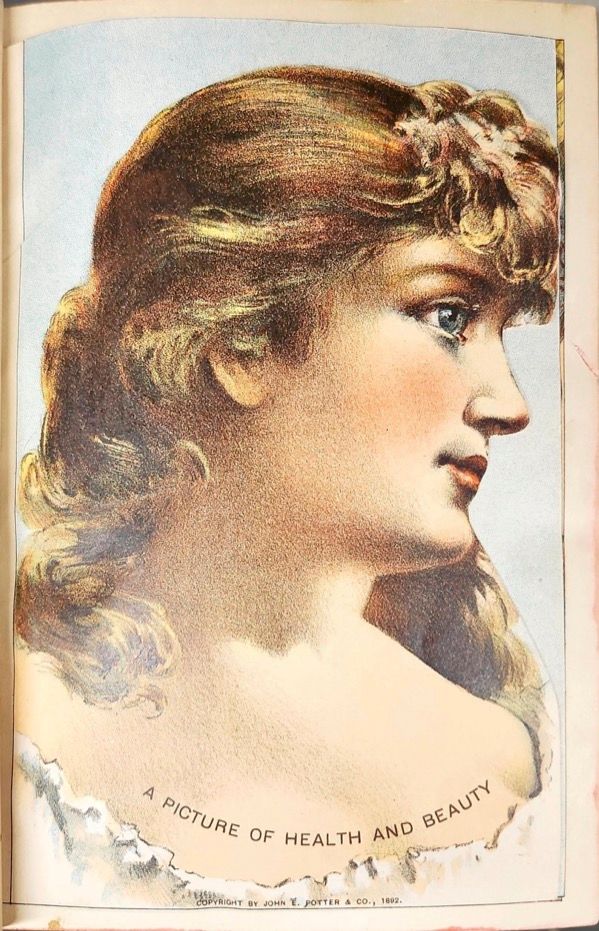 Colored illustration of the profile of a woman's face with flowing hair and rosy cheeks. A caption reads "A picture of health and beauty"