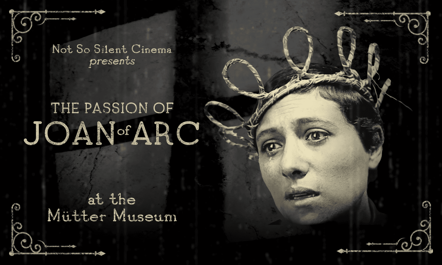 Grey background with text that says "The Passion of Joan of Arc" with a still image of Joan from the movie.