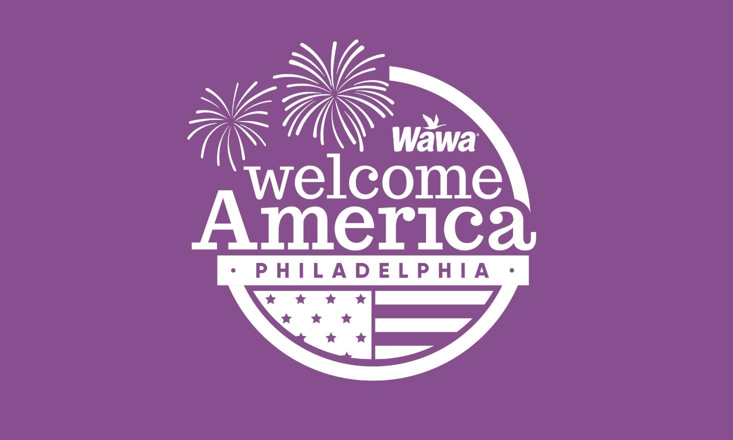 Purple background with white letters that read ""Wawa Welcome America Philadelphia"