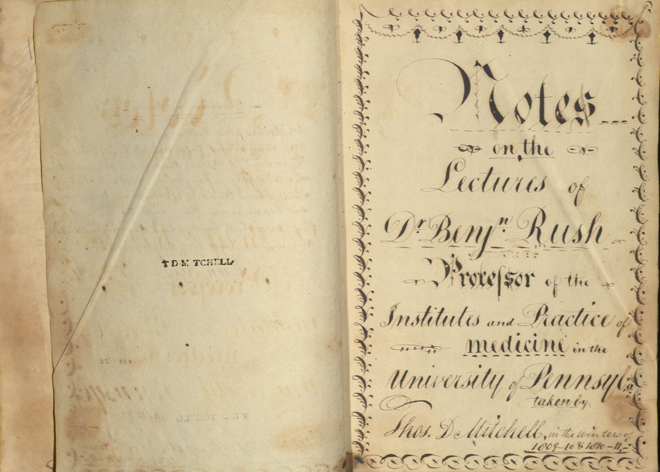 Aged brown paper with "Notes on the Lectures of Dr. Benj. Rush" written in ornate handwritten script