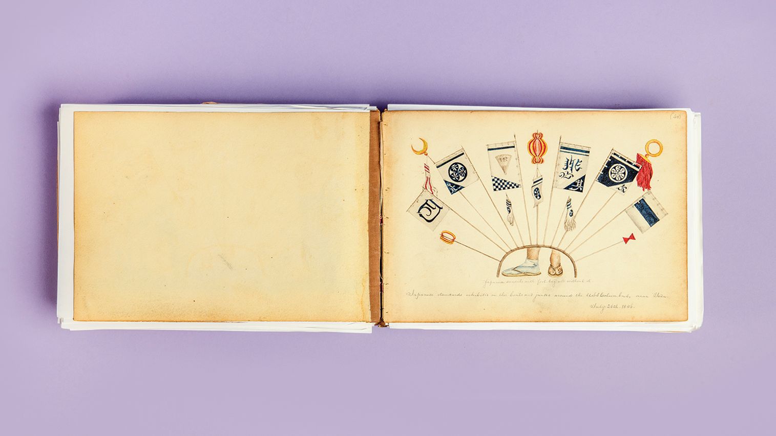 Journal laying open against purple background to show one page with colorful illustrations of various naval flags