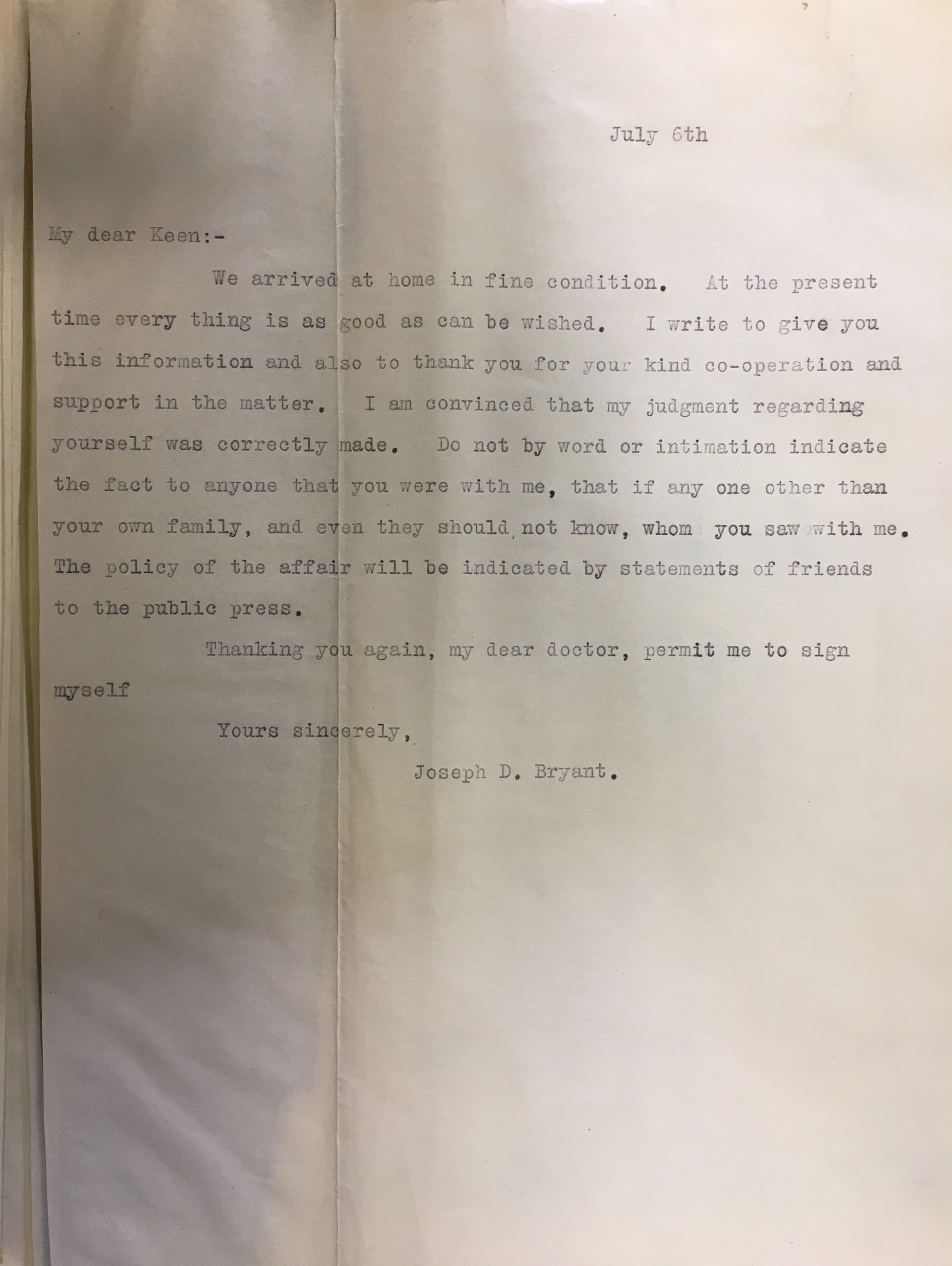 A July 6, 1893, letter from James D. Bryant to William W. Keen praising him for his work in Grover Cleveland's surgery and asking for his discretion
