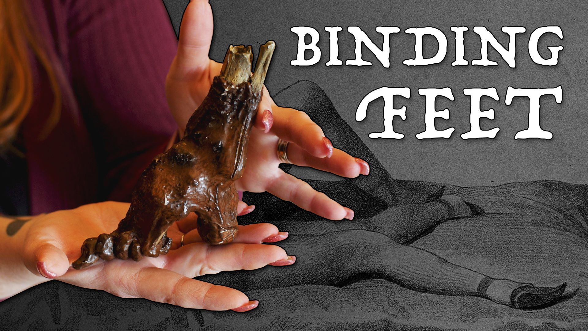 Title text 'binding feet" and hands holding the bones of a bound foot