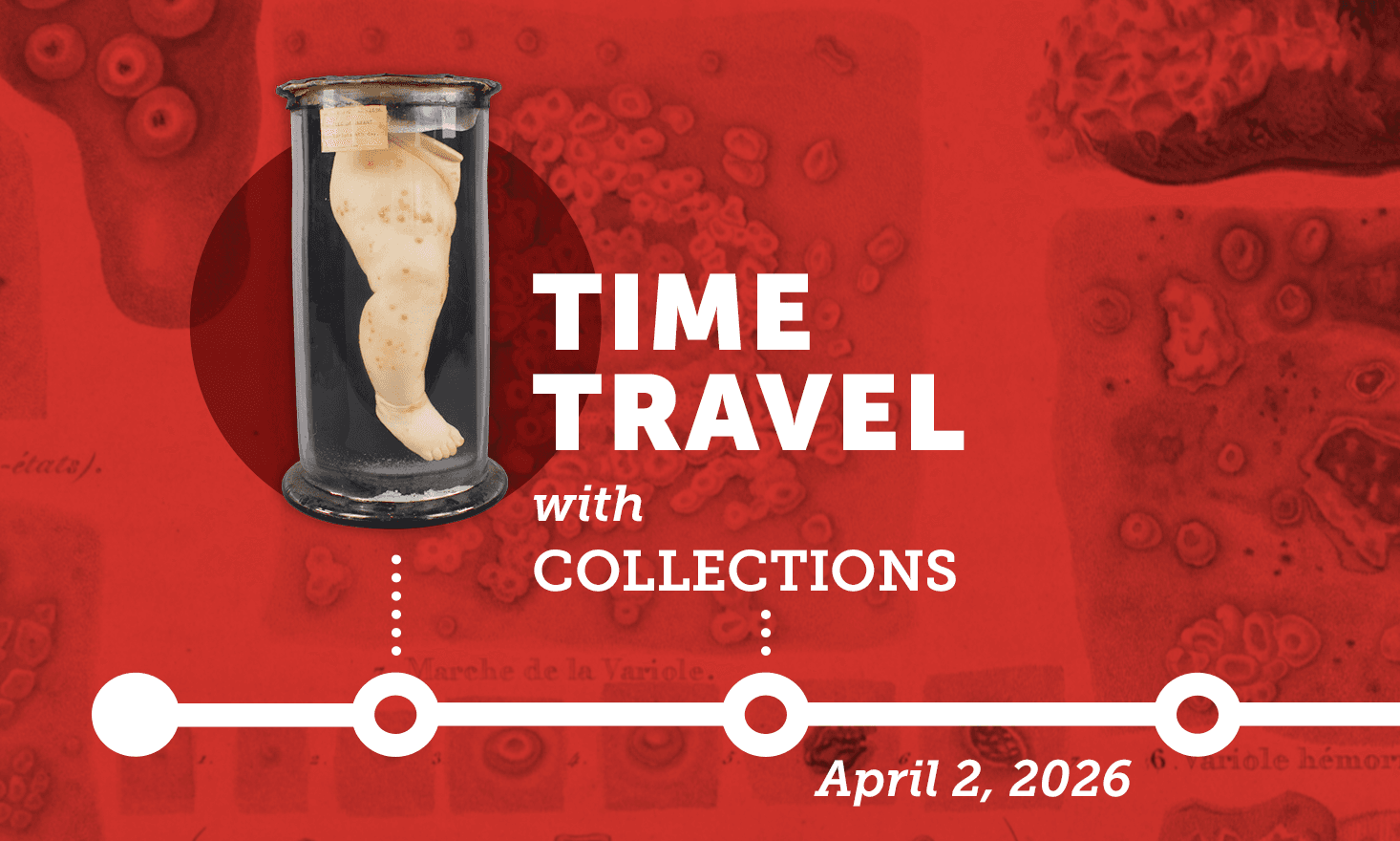 Red background with white letters that say Time Travel with Collections and the date of the event, April 2 2026. There is an image of a babie's leg with small pox and a timeline image.