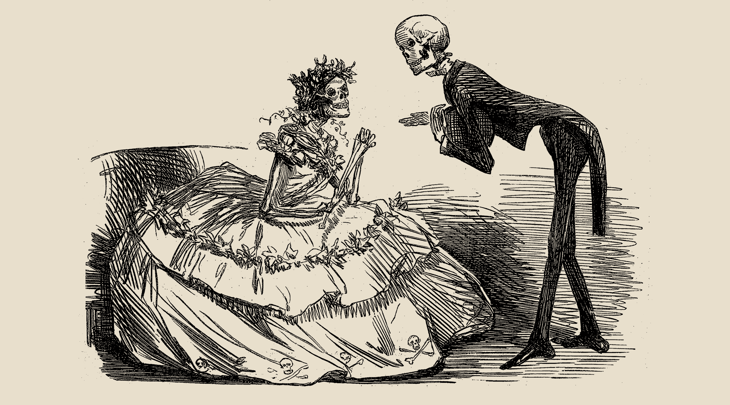 Two skeletons, one wears a wedding dress and the other wears a tuxedo