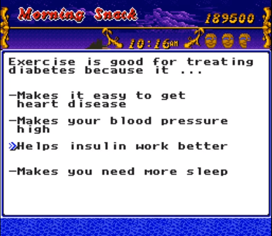 Screenshot from Captain Novolin quizzing the player on the importance of exercise for patients with diabetes