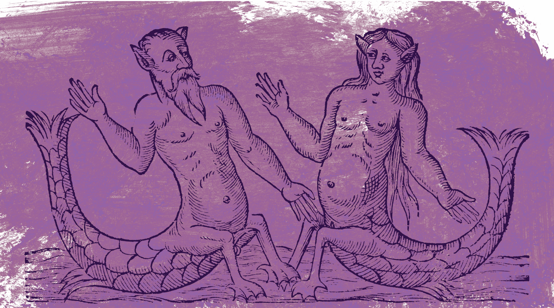 Illustration of two human bodies with pointy years, webbed feet, and mermaid tails floating on water against a purple background