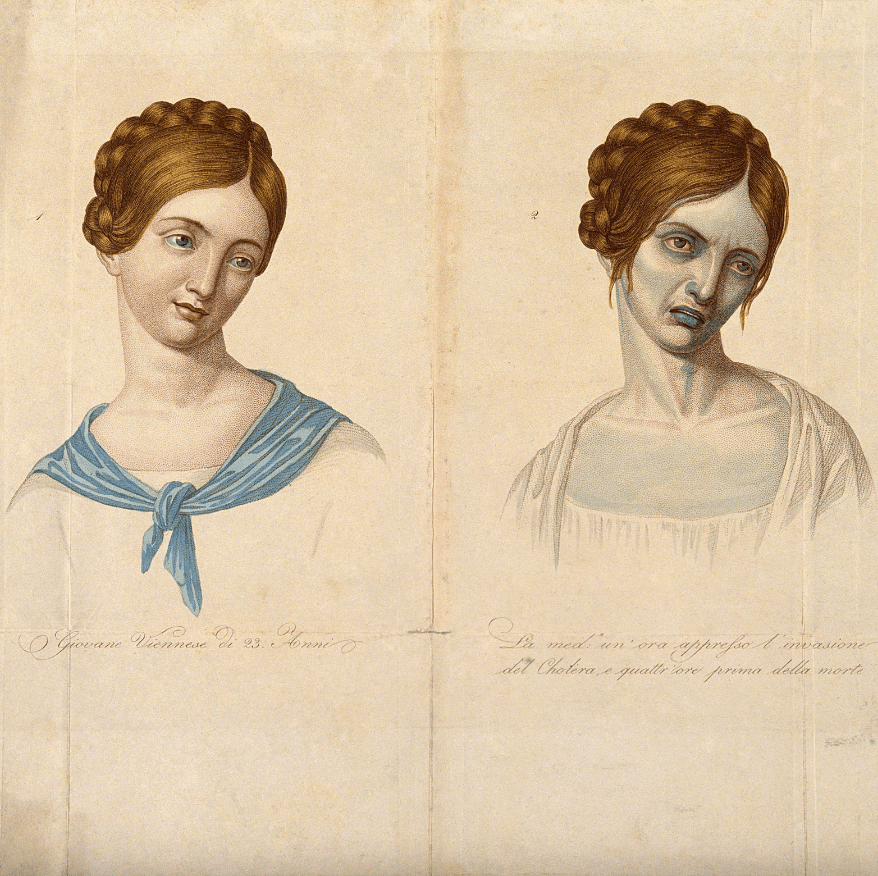 Two views of an illustrated woman: on left, a woman with fair skin and neat red hair; on right, a woman with blue skin, blue lips, and messy red hair