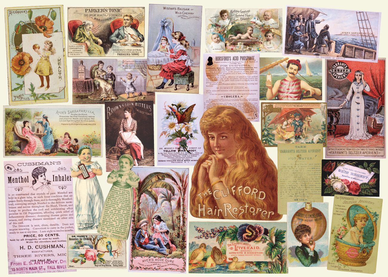 A scrapbook-style collage of medical trade ephemera, showcasing colorful illustrations of medical advertisements