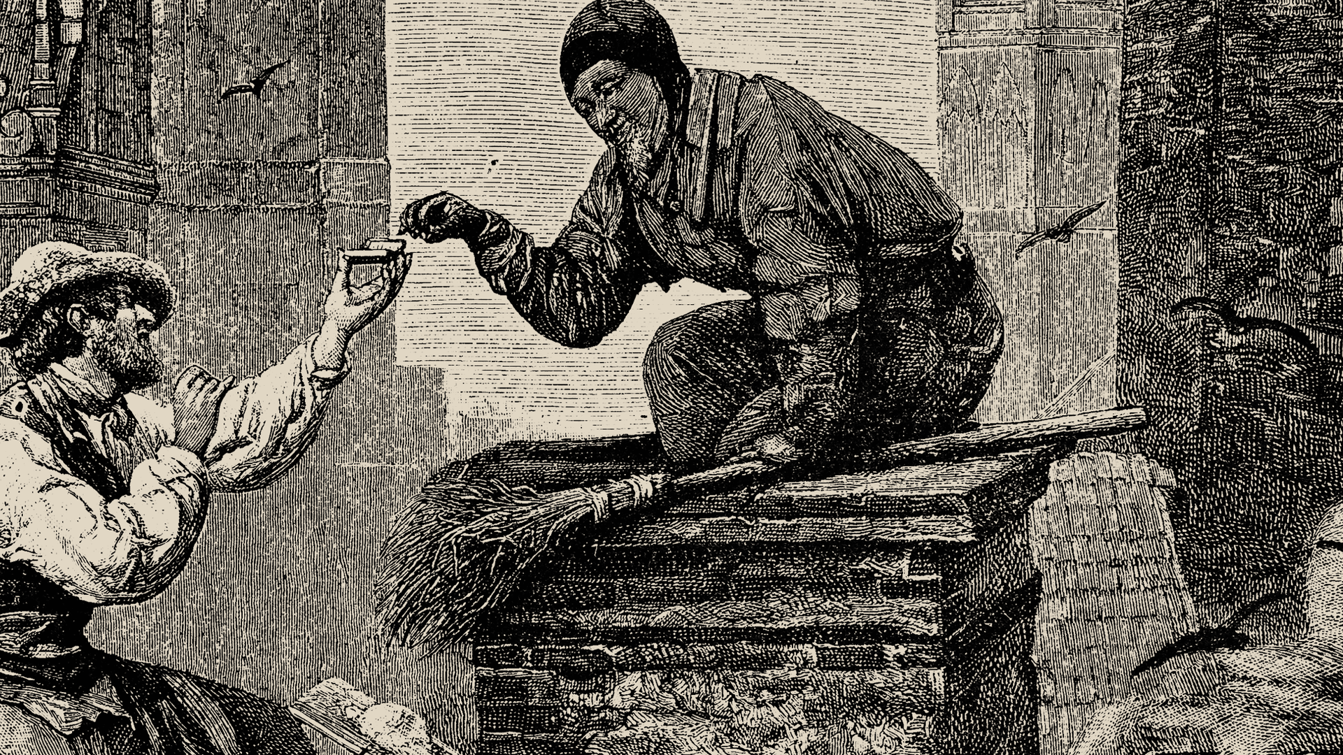 Illustration of man kneeling on top of a chimney holding a broom