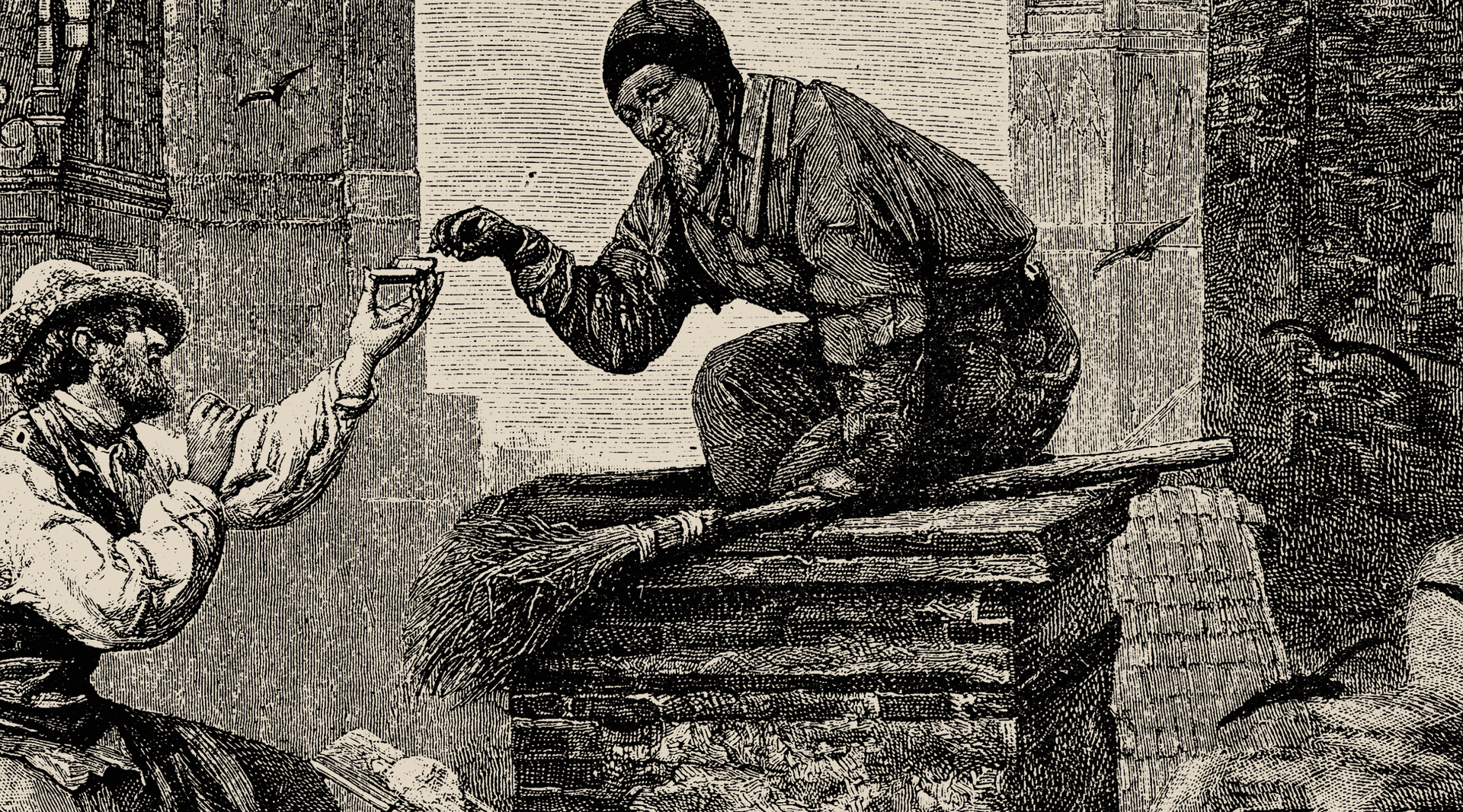 Illustration of man kneeling on top of a chimney holding a broom