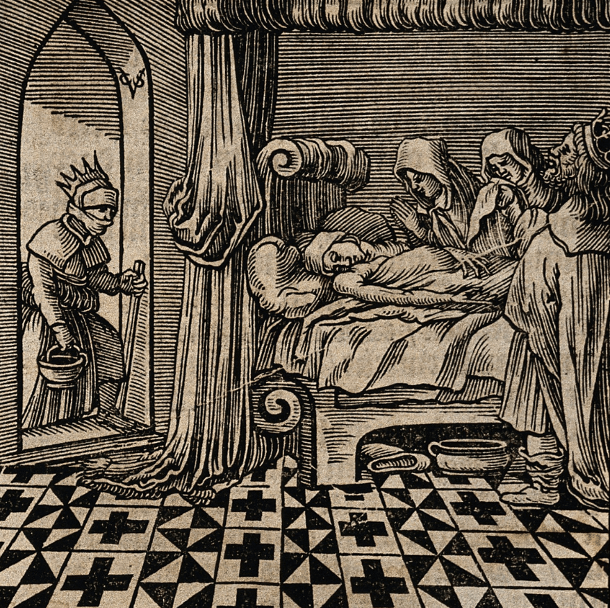 Etched illustration of man in a mask entering a room where another man lies in bed surrounded by onlookers