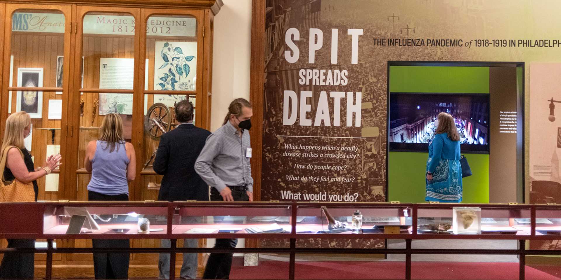 Group of visitors looking at museum display cases