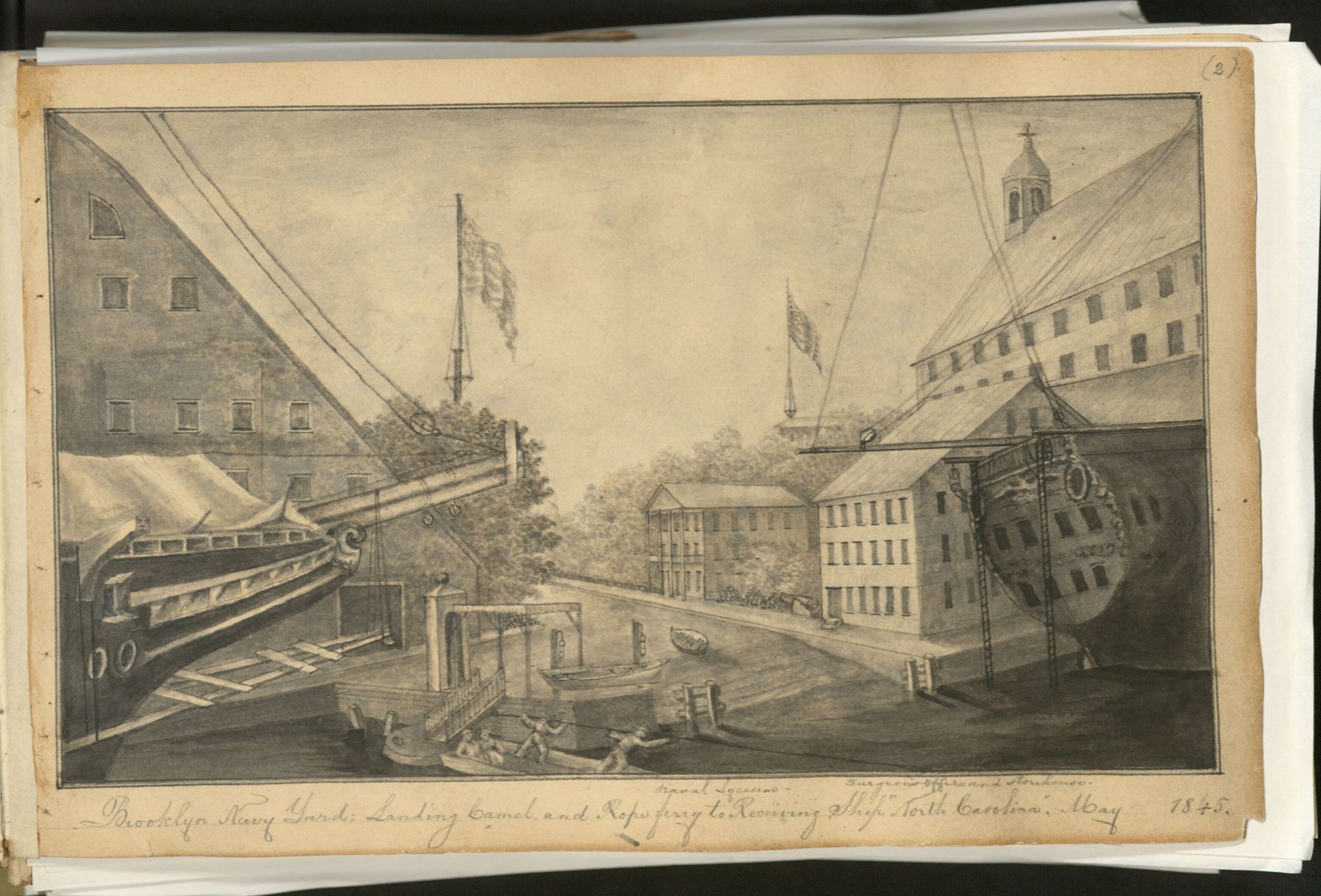 Black and white sketch of ships and buildings, with the caption "Brooklyn Navy Yard"