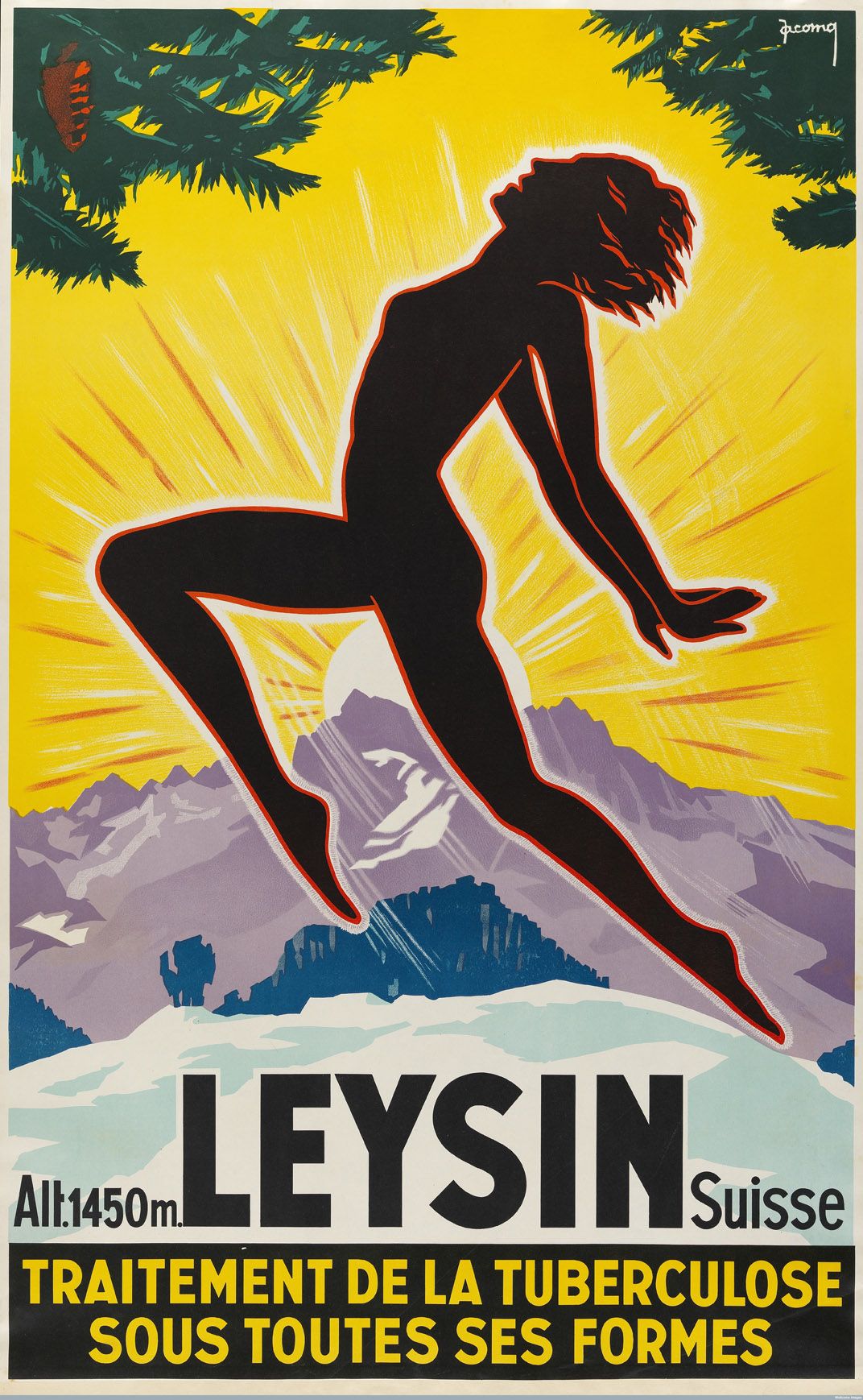 Vintage poster with image of silhouette of woman with mountain and sun in the background