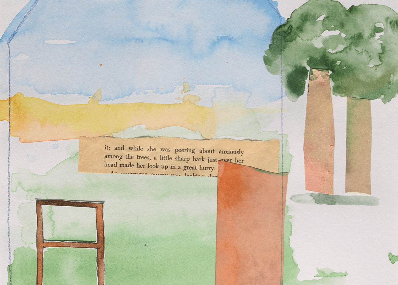 Watercolor painting of a simplistic house with a green base and blue roof, with two trees to the side. A small collaged piece of text sits across the middle of the house.