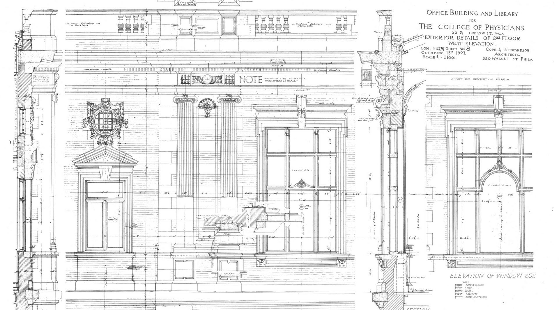 Black and white sketches of architecture plans for The College of Physicians building