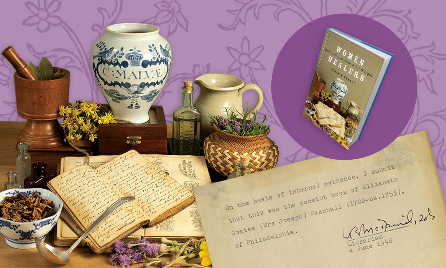 Purple background with vases and books in the foreground.