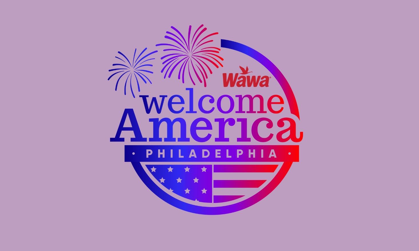 Purple background with a blue and red logo that reads "Wawa Welcome to America Philadelphia"