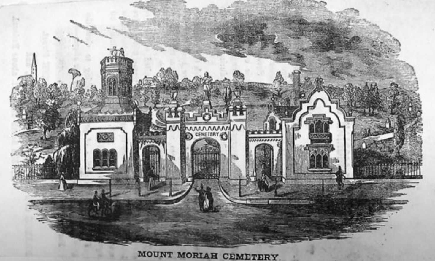 Black and white illustration of Mt. Moriah Cemetery.