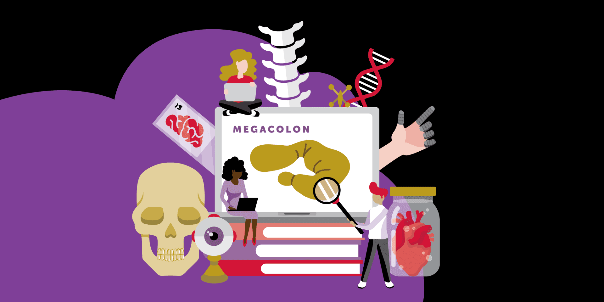 Modern illustration of various medical items and students surrounding an open laptop with an illustration that reads "megacolon"