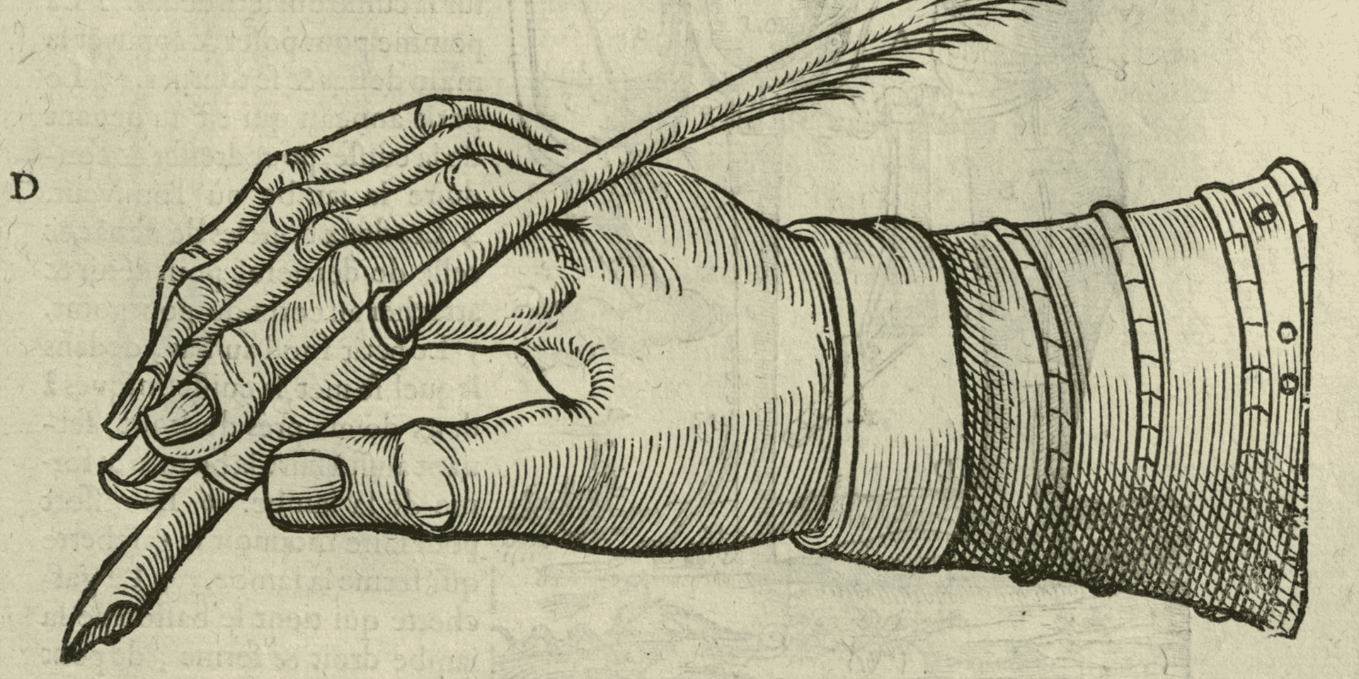 Illustration of hand holding a quill