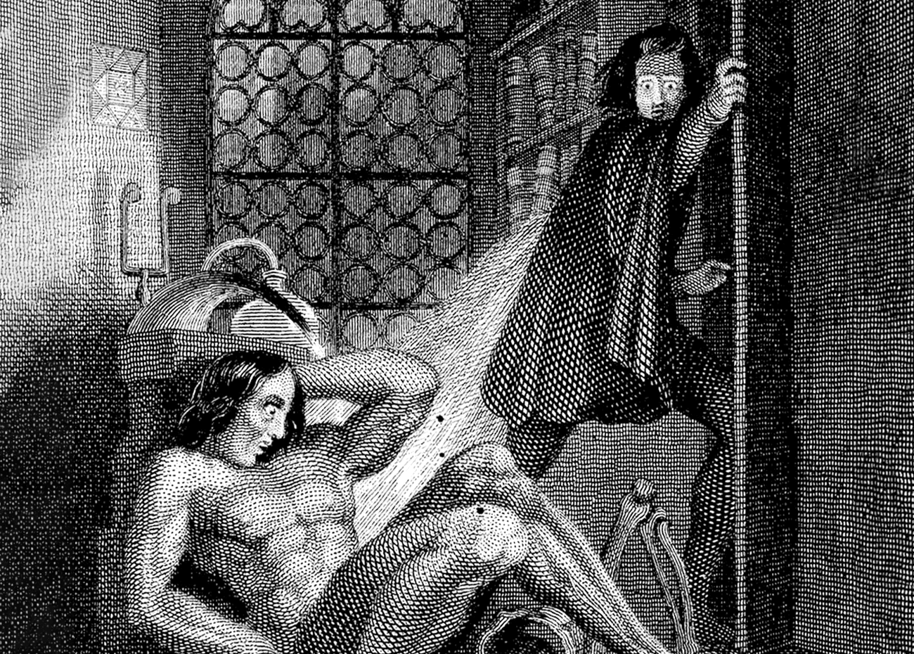 Black and white etching of caped figure escaping through a doorway as an unclothed figure sits on the floor next to an open book and skeleton