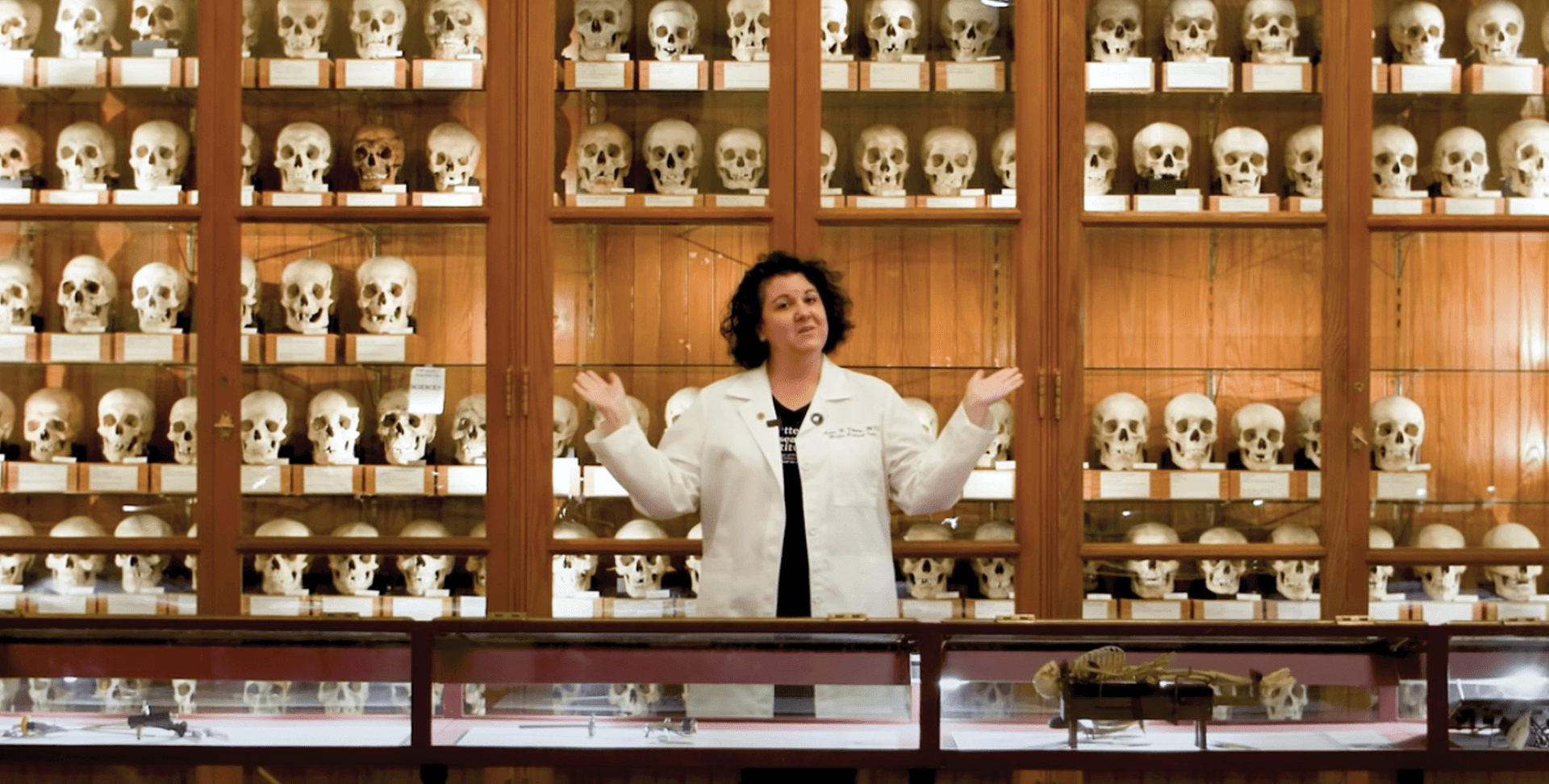 A woman in a white lab coat with her arms raised standing in front of museum cabinets filled with shelves of skulls