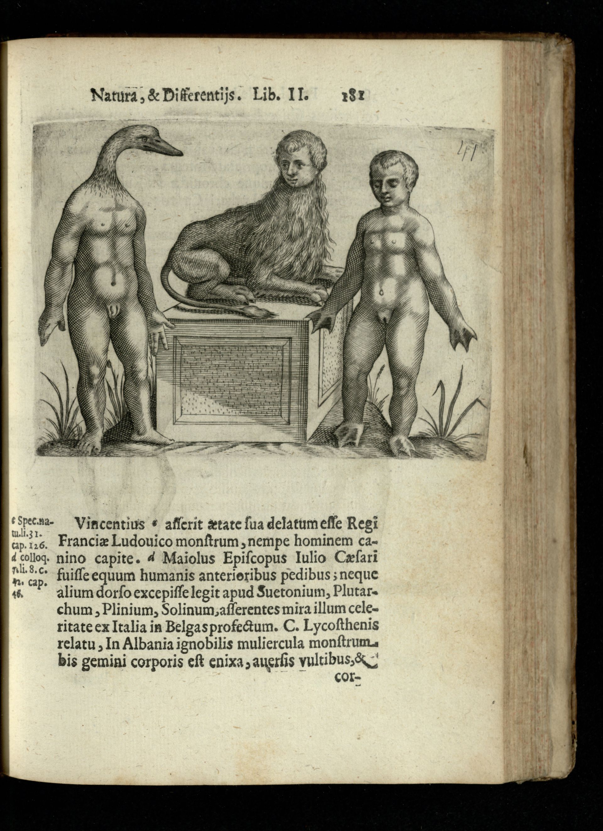 Early modern book with illustrations of half human and animal creatures