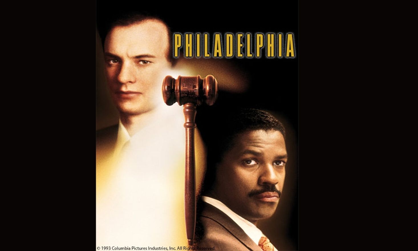 Movie poster for "Philadelphia" images of Tom Hanks and Denzel Washington's characters