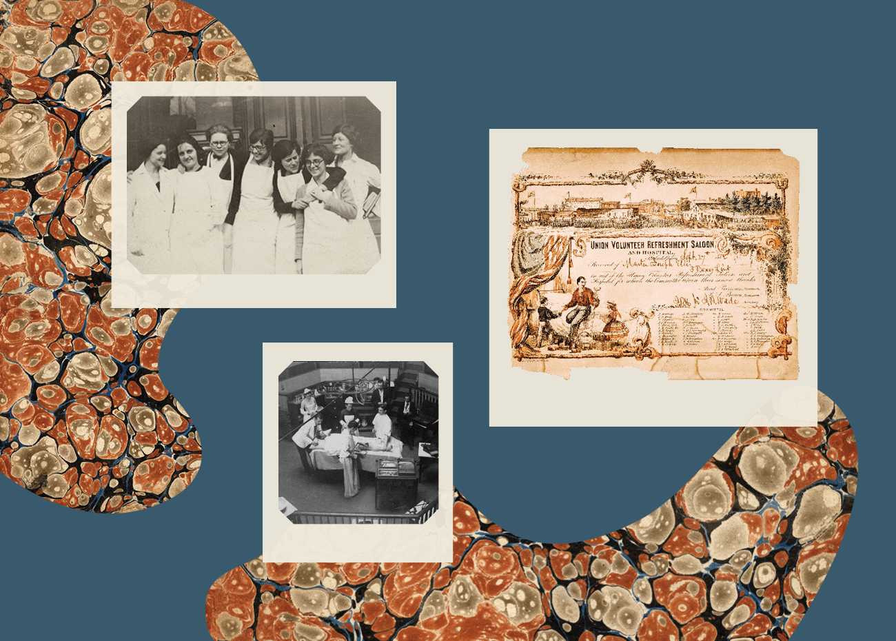 Organic shapes with marbled pattern of reds/oranges against a blue background. Faded photographs of medical professionals are staggered across the image. 