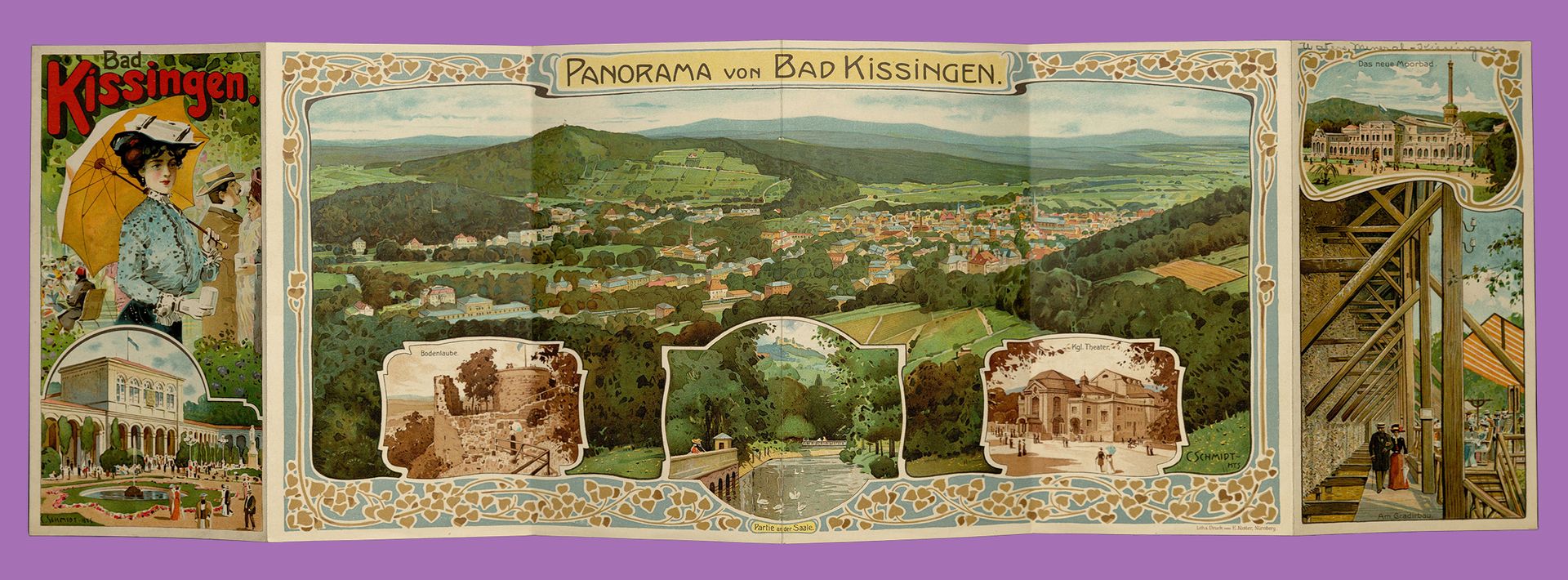 Wide, unfolded paper with colorful illustrations of landscapes and resort buildings