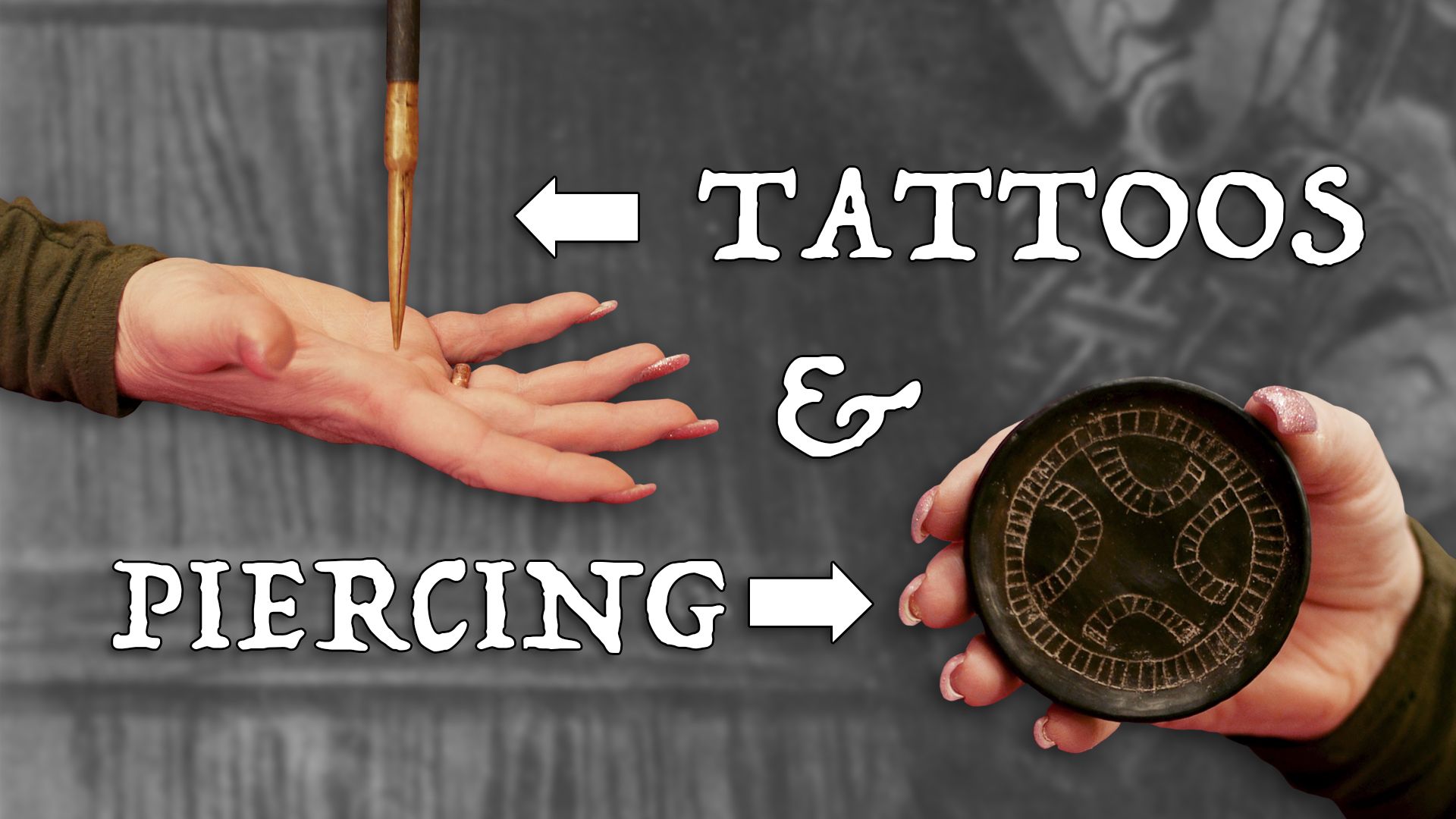 Title text Tattoos & Piecring with hands and tattoo tools