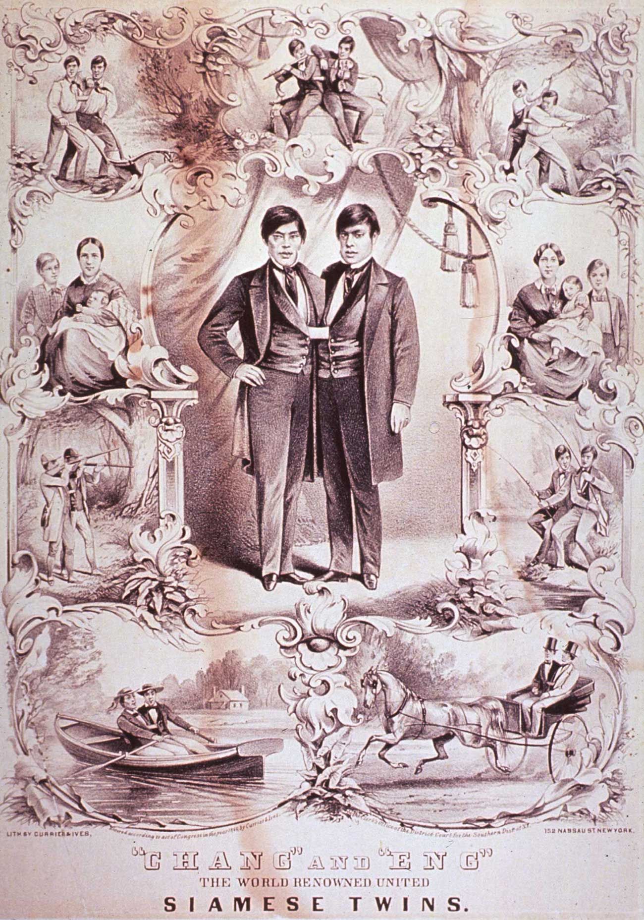 Faded lithograph depicting conjoined twins Chang and Eng