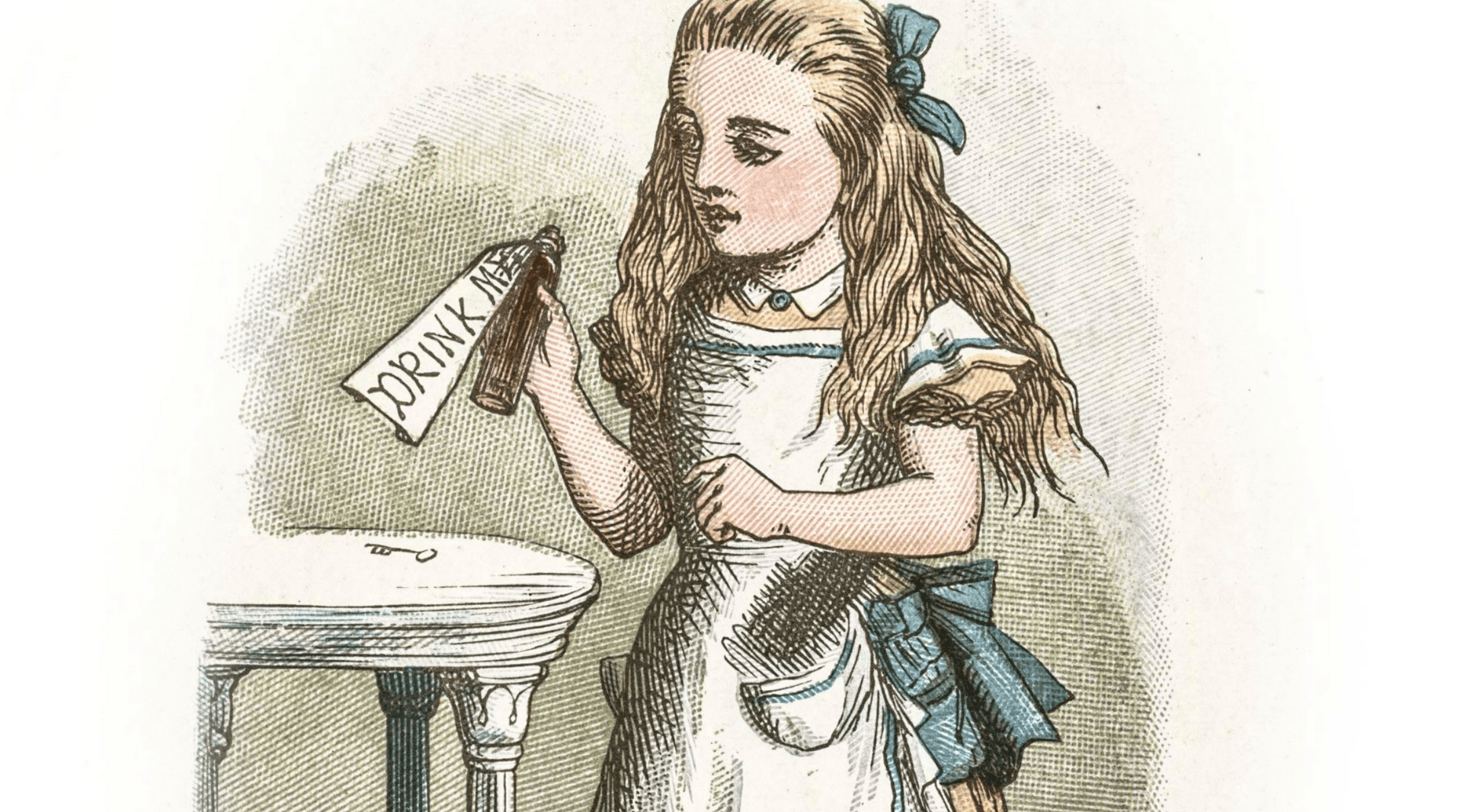 Illustration of blonde girl holding a bottle with a tag that reads "Drink me"