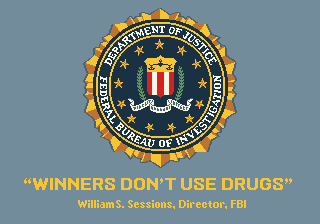 Image of the FBI logo with the caption &quot;Winners Don't Use Drugs&quot; below; this appeared on arcade video games from 1989 to 2000