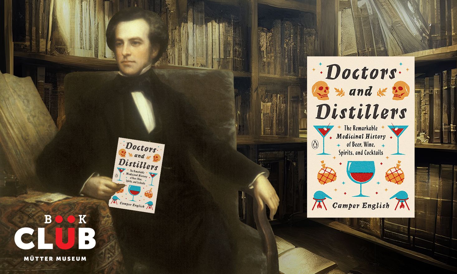 Image of 19th century man sitting in a library holding copy of "Doctors and Distillers"