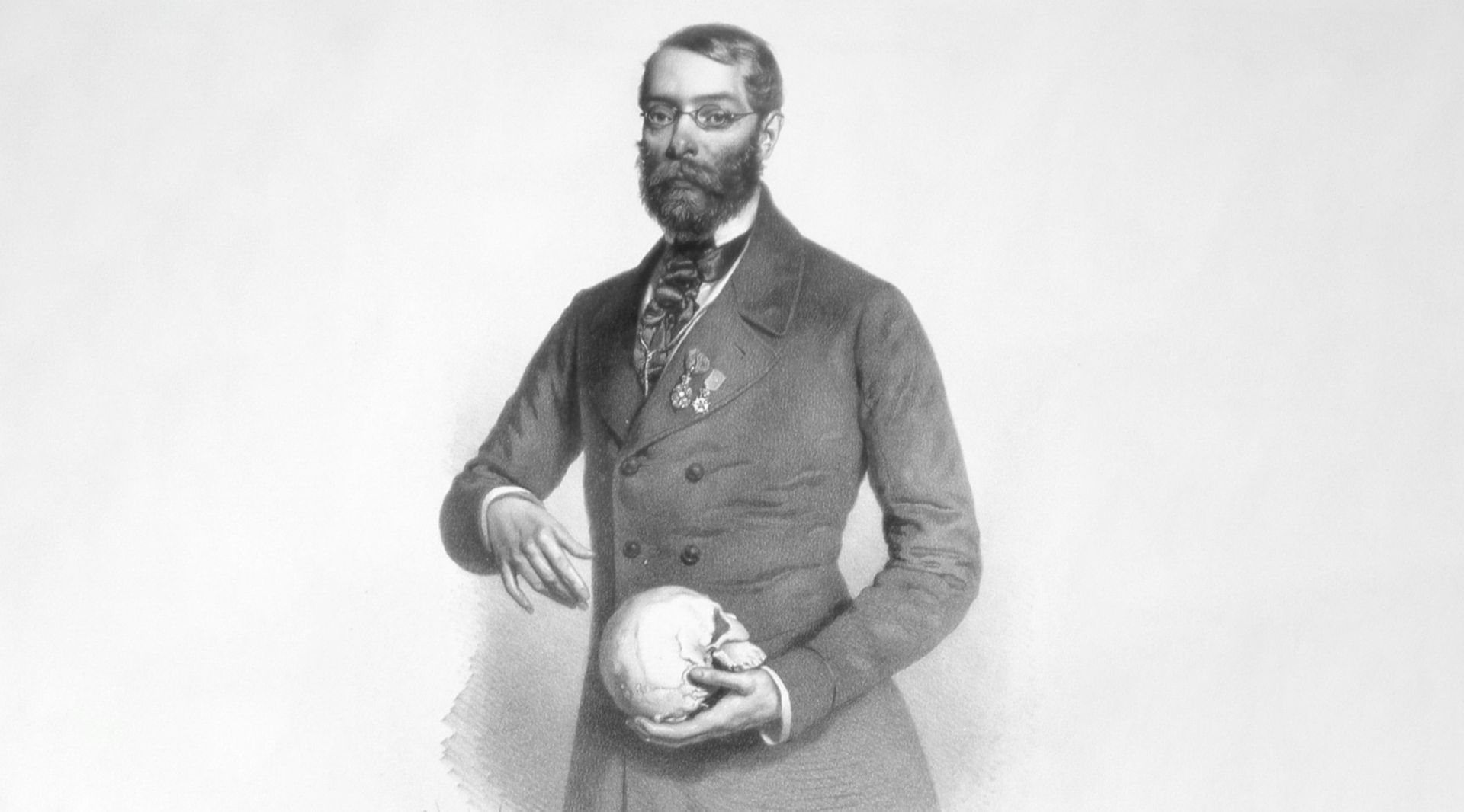 Black and white illustration of Hyrtl holding a skull