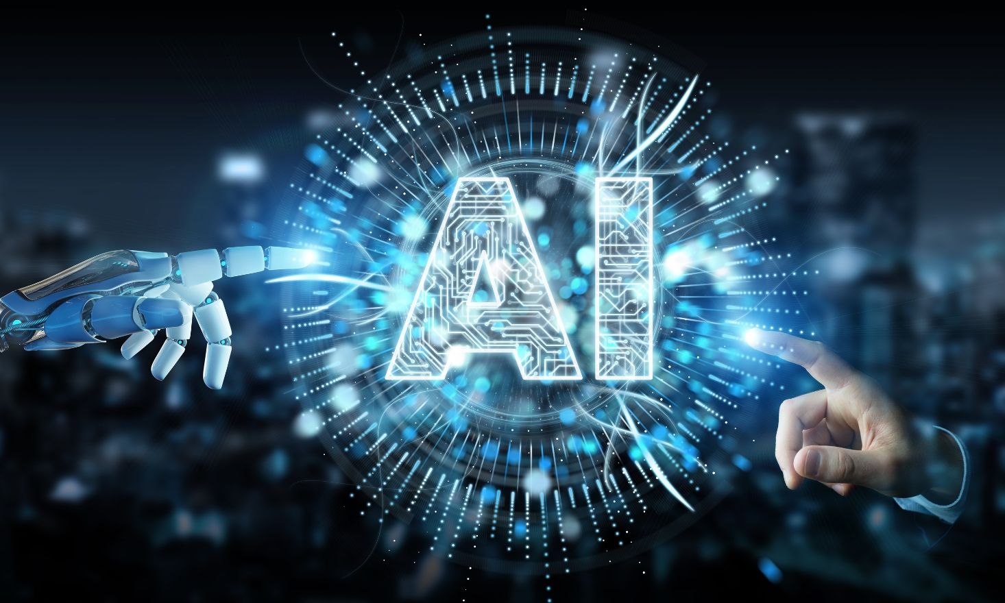 Digital image of "AI" in center with a robotic arm and human arm pointing at words