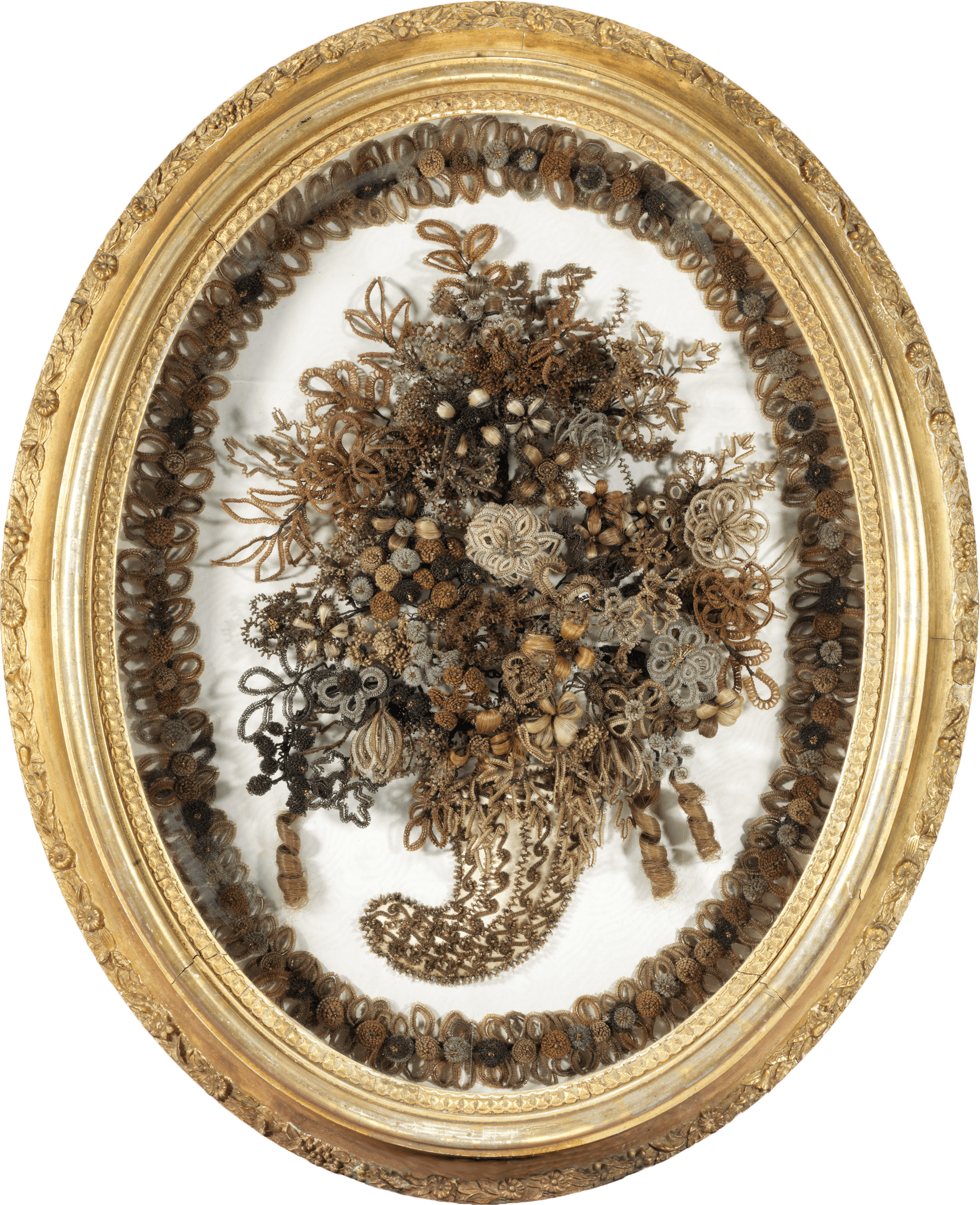 Tightly woven strands of hair arranged like a bouquet and displayed in a golden, oval frame