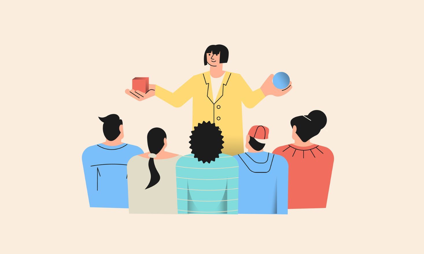 Person holding objects to a group of people