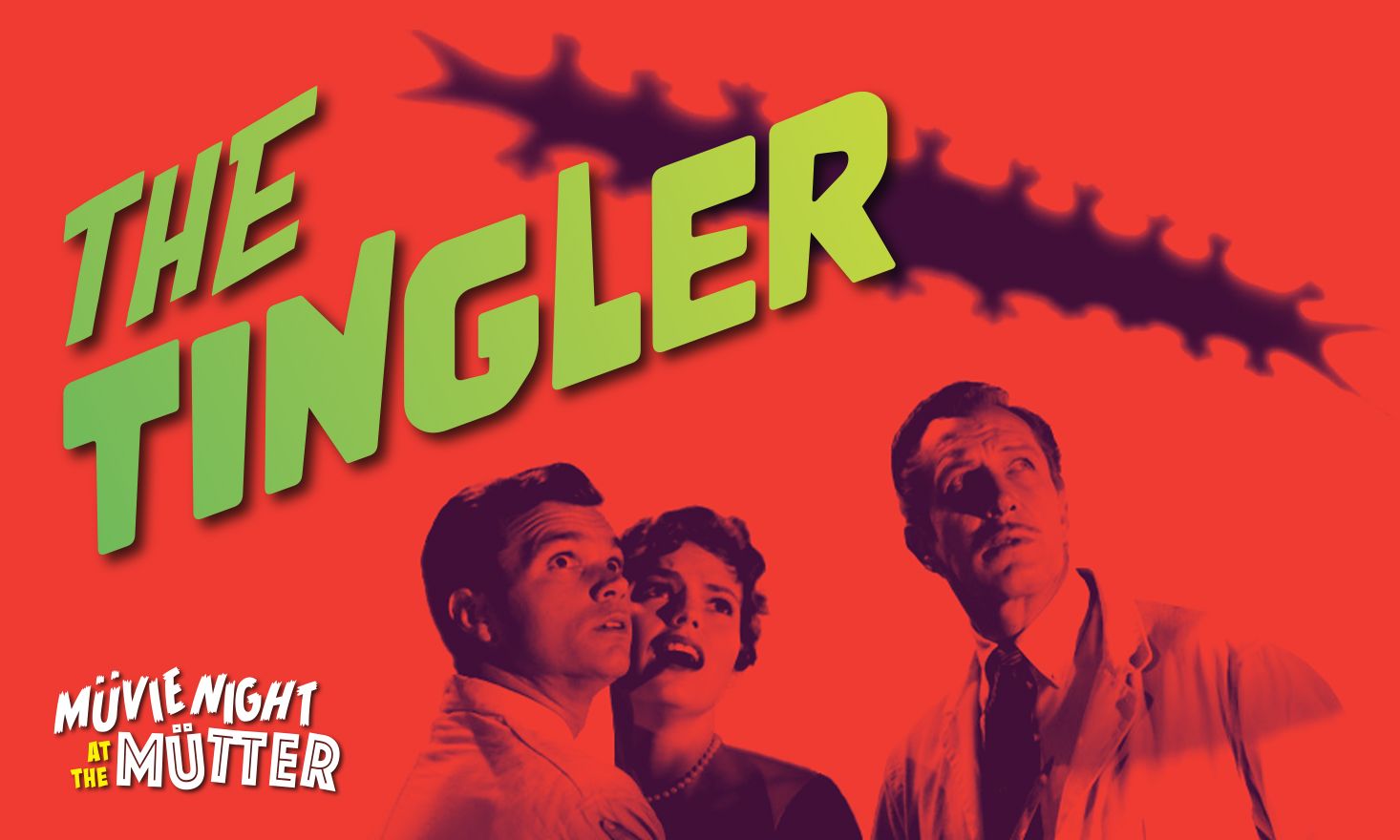 Three actors from the film are show looking scared as the centipede like Tingler comes across their path.