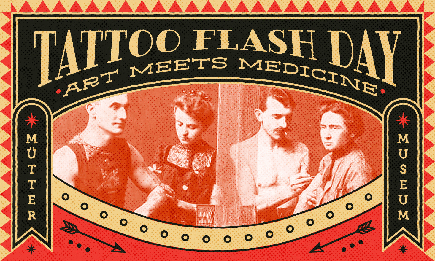 Pictures of victorian people tattooing, text that says "tattoo flash day: art meets medicine, mutter museum"