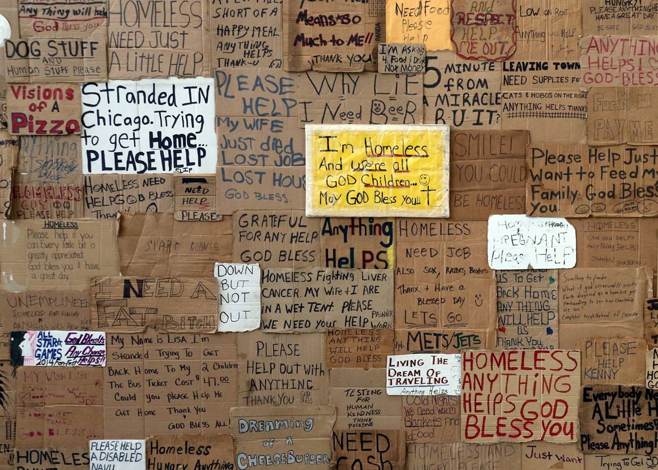 Wall covered in cardboard signs with various handwritten messages