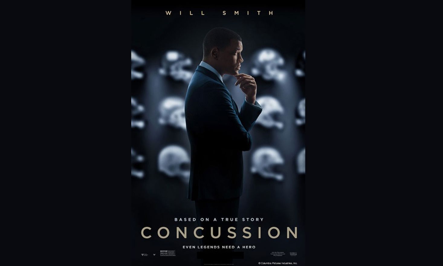 Movie poster for "Concussion" Will Smith's character looking deep in thought on black background
