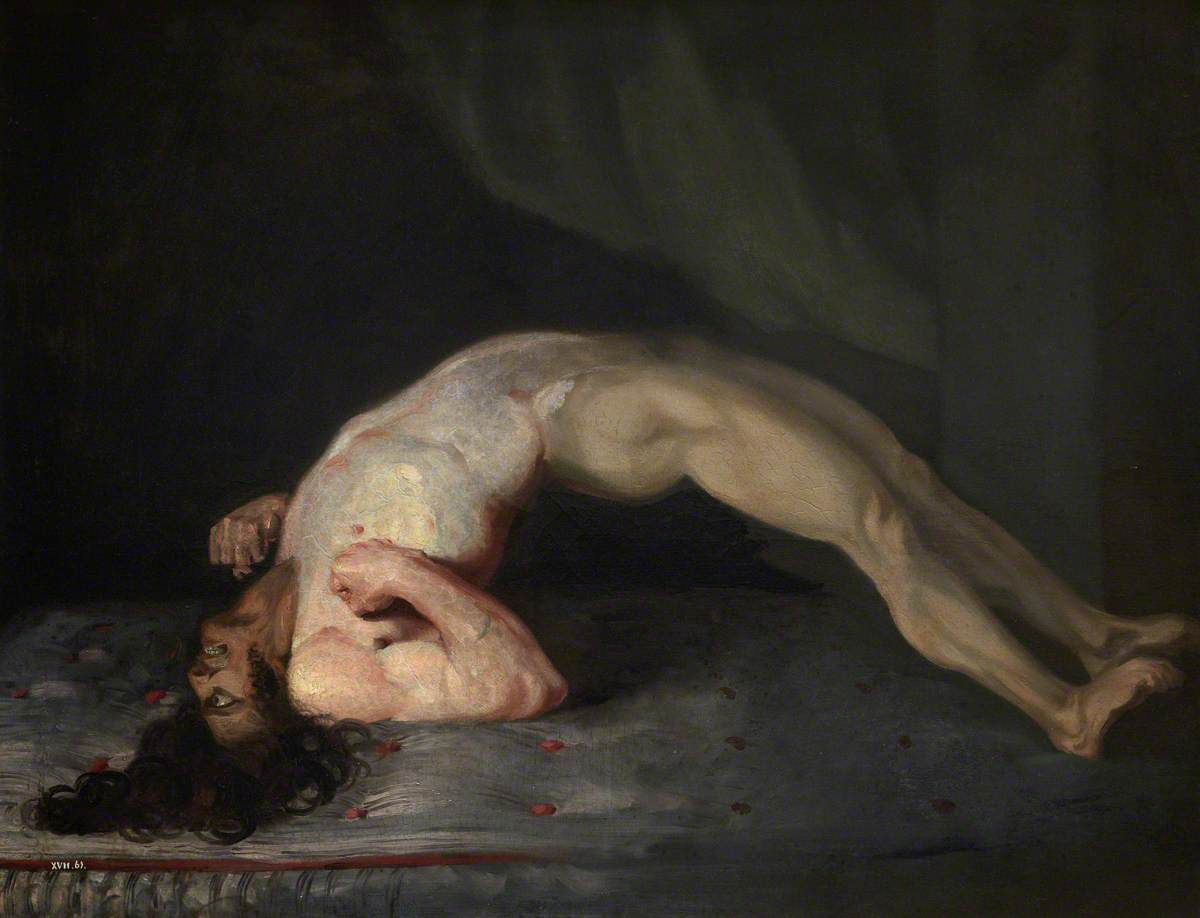 Dark painting of a naked man laying with his back arched and clenched fists
