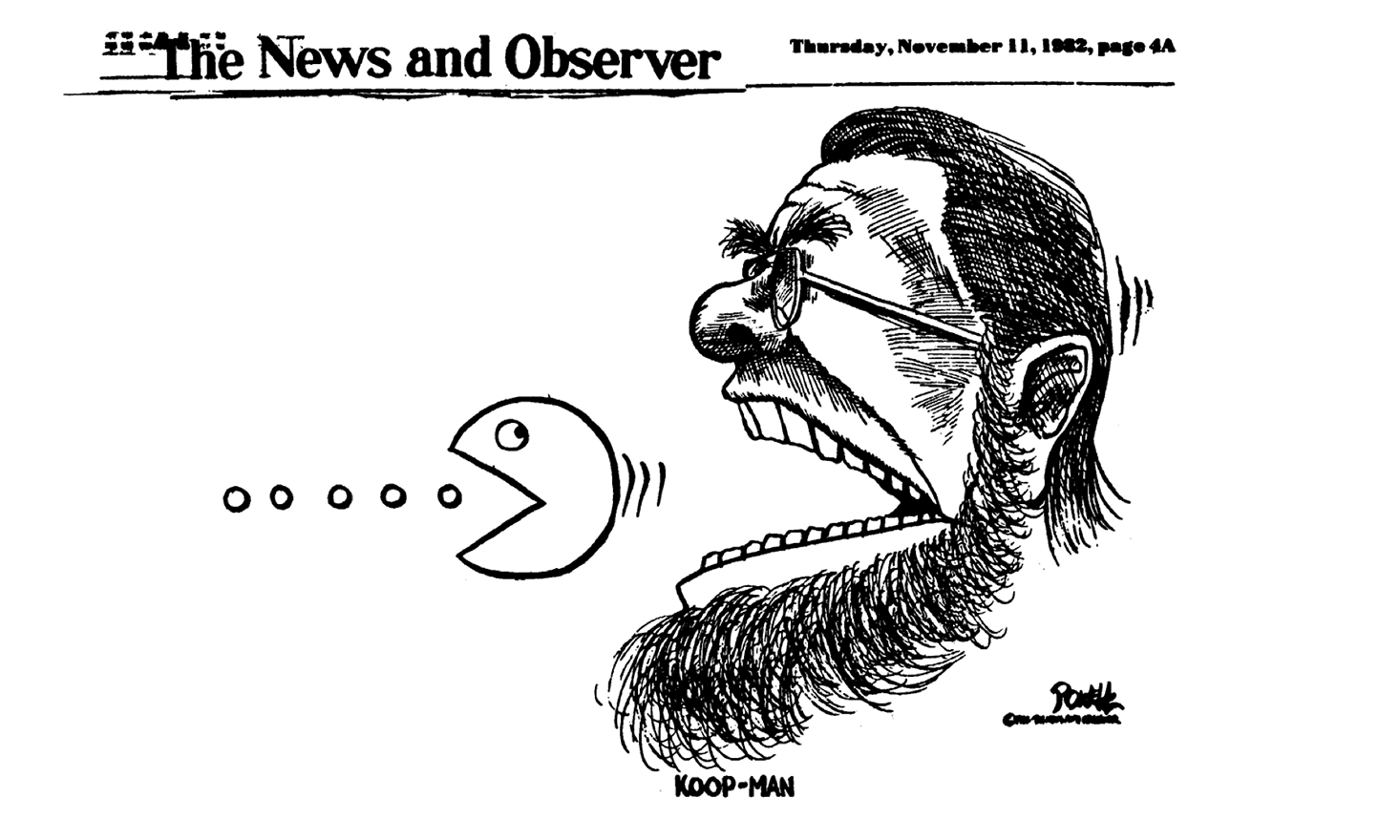 Sketch titled "The News and Observer" of a cartoon style man's face with mouth wide open and surrounding a Pac-Man character with the caption"KOOP-MAN"